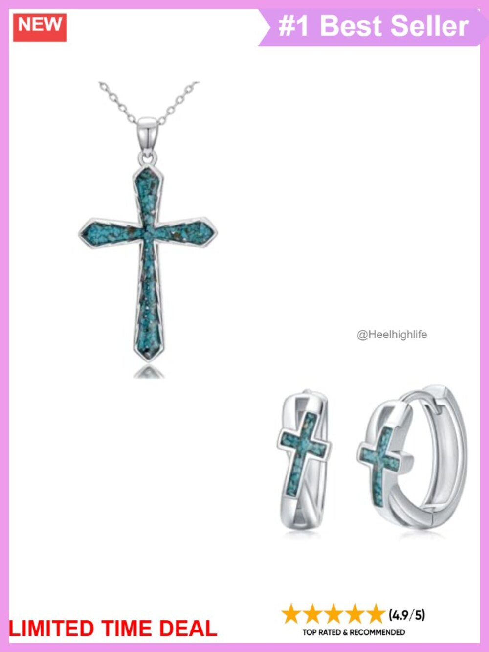 925 Sterling Silver Turquoise Cross Necklace Earrings Set Women Christian